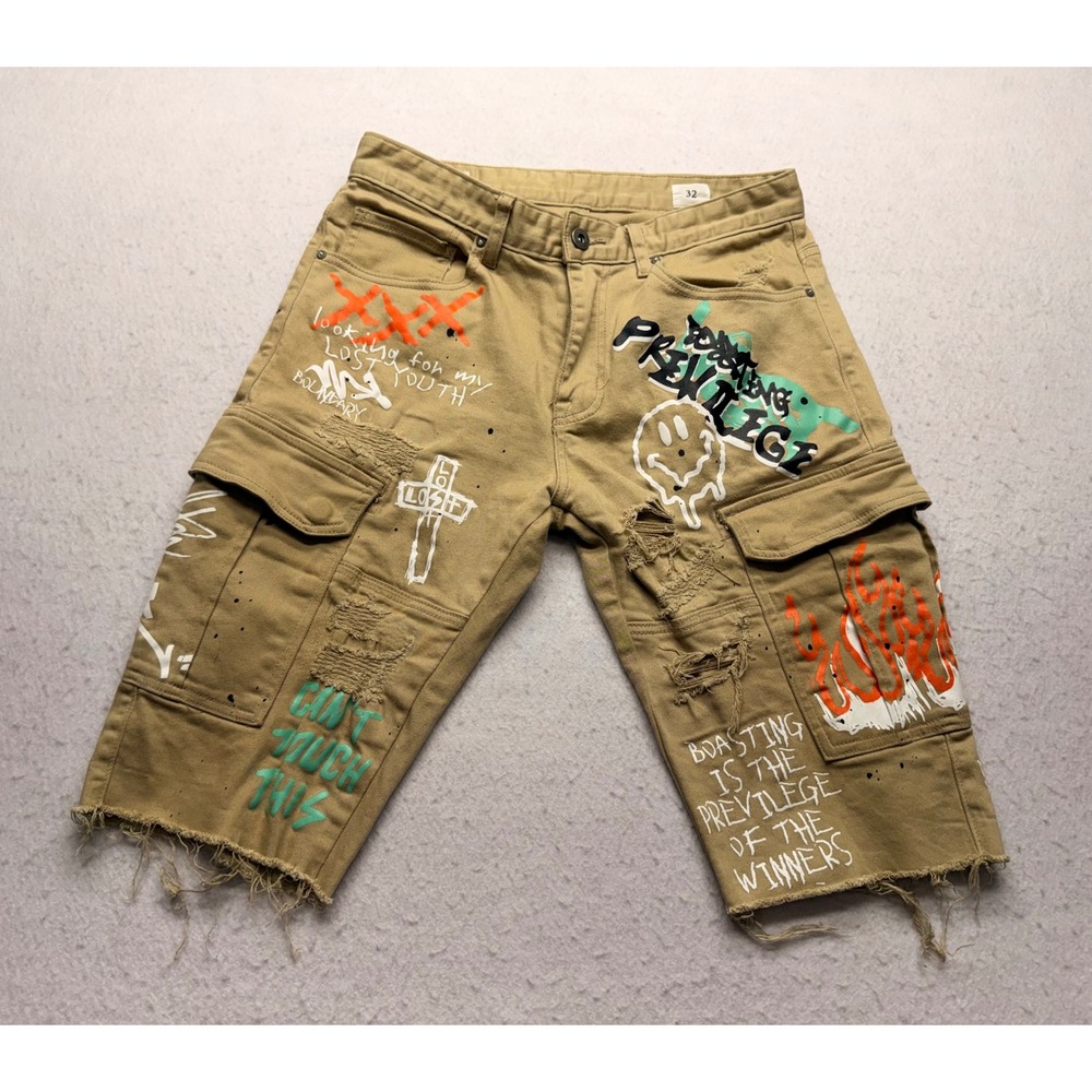 Smoke Rise DNM CO Mens Graffiti Distressed Cargo Shorts Tan Khaki Size 32 SR91